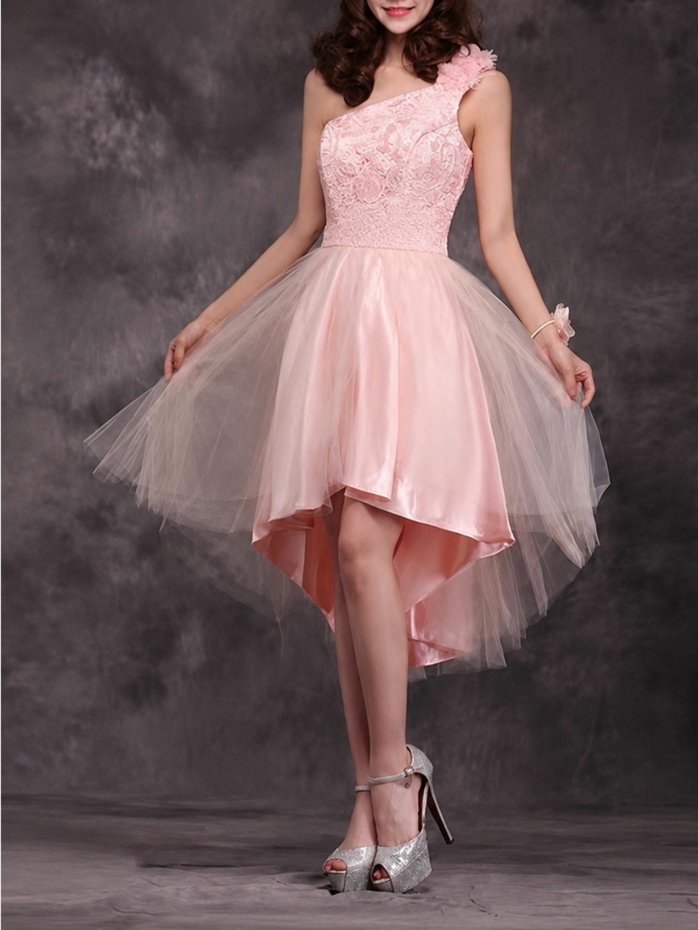 One-Shoulder Pink High-Low Tulle Party Dress